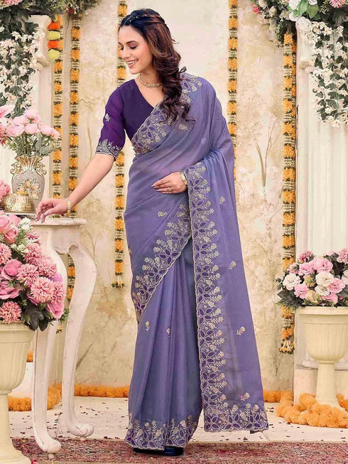 Vasthrlay Shimmer Embroidery Sky Saree