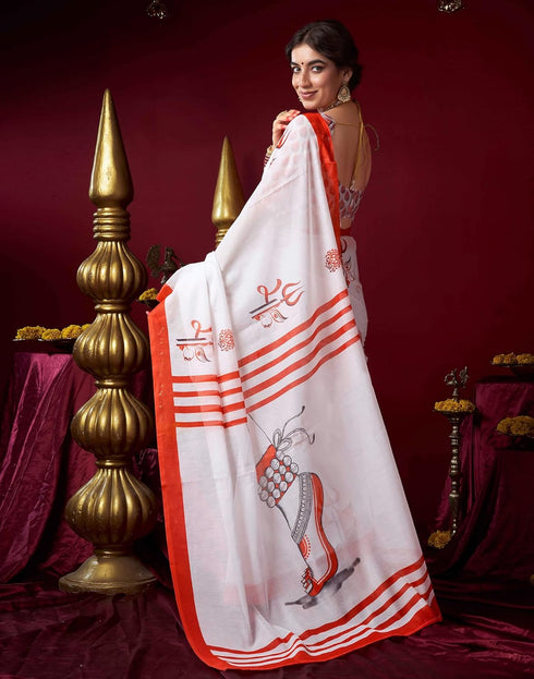 Vasthrlay Womens Printed Unstitched White Saree