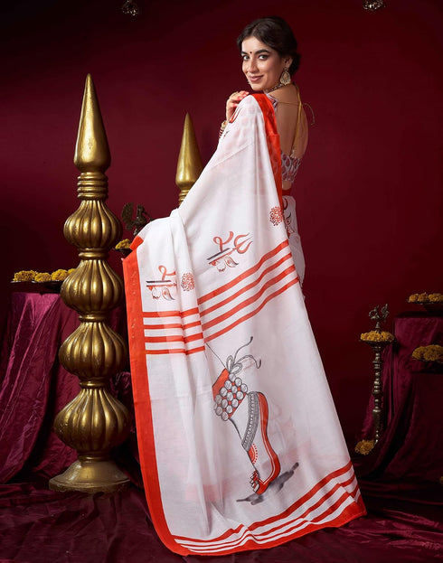 Vasthrlay Womens Printed White Saree With Multicolour Unstitched Blouse Piece
