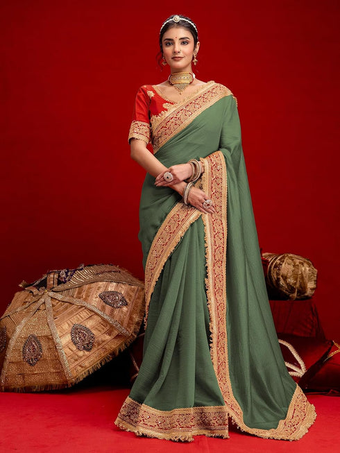 Vasthrlay Vichitra Embroidery Dusty Green Saree With Red Unstitched Blouse Piece