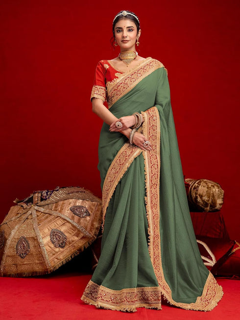Vasthrlay Vichitra Embroidery Unstitched Red Saree