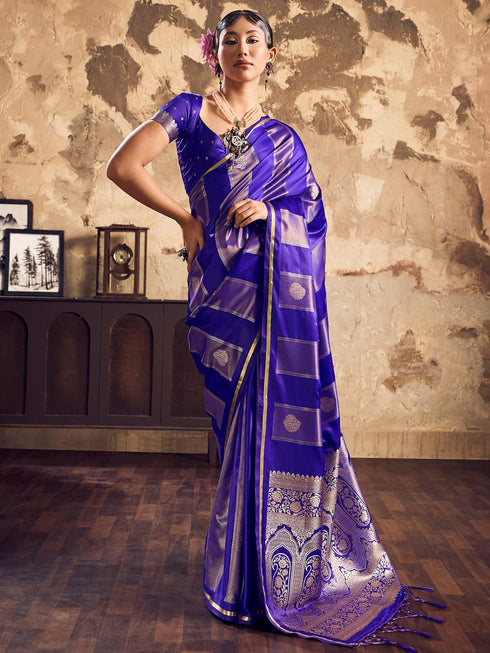 Vasthrlay Vasthrlaywomensbluesatinethnicmotifprinttasselsandlatkanssareewithunstitchedblousepiece Sareeforwoman Designersareeforwomen Rj Ethnic Wear