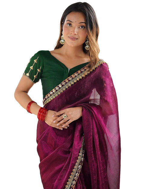 Vasthrlay Shimmer Chiffon Wine Saree With Dark Green Unstitched Blouse Piece