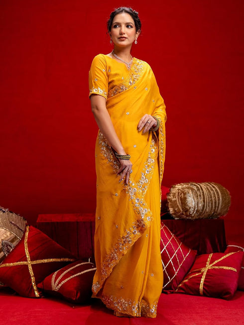 Vasthrlay Scalloped Embroidery Wine Saree