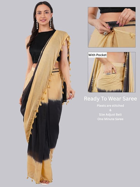 Vasthrlay Womens Beige And Black Cotton Ready To Wear Saree