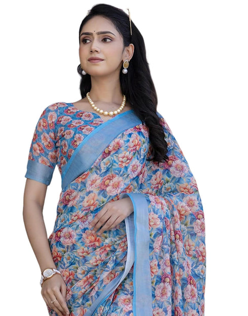 Vasthrlay Womens Cotton Unstitched Teal Saree