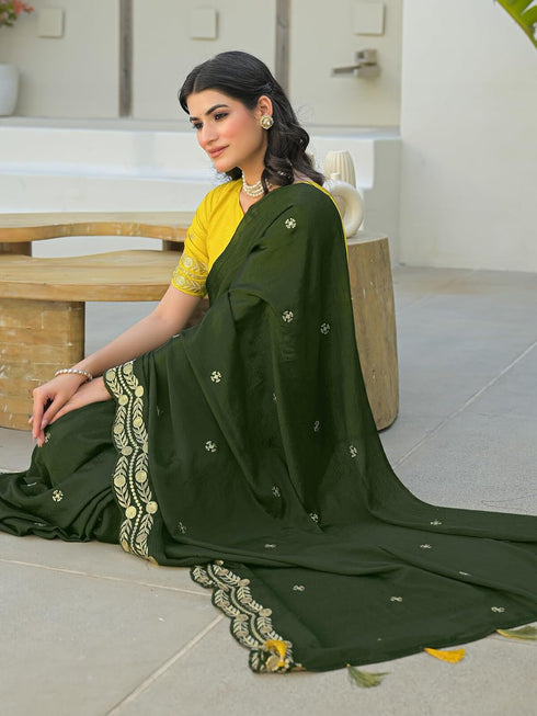 Vasthrlay Chinnon Embroidery Lime Saree