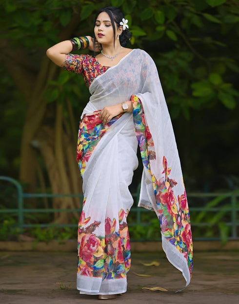 Vasthrlay Womens Unstitched Blouse White Saree