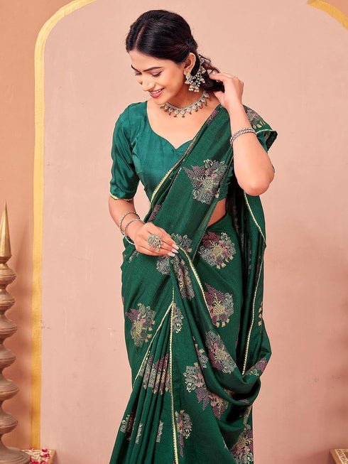 Vasthrlay Vichitra Printed Green Saree With Unstitched Blouse Piece