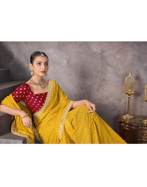 Vasthrlay Georgette Embroidery Unstitched Yellow Saree