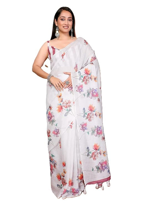 Vasthrlay White1 Linen Floral | Striped | Check Design Printed Saree With Solid Unstitched Linen Blouse Piece