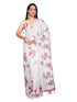 Vasthrlay White1 Linen Floral | Striped | Check Design Printed Saree With Solid Unstitched Linen Blouse Piece