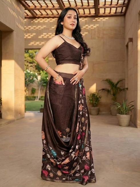 Vasthrlay Brown Floral Print Ready To Wear Linen Saree