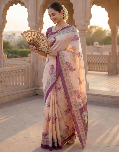 Vasthrlay Banglori Printed Unstitched Peach Saree