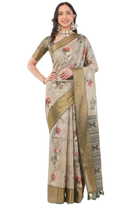 Vasthrlay Off White Textured Polyester Saree With Kalamkari Floral Border And Ruched Unstitched Blouse Piece