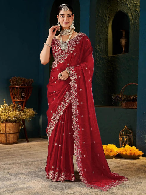 Vasthrlay Scalloped Embroidery Unstitched Rani Pink Saree