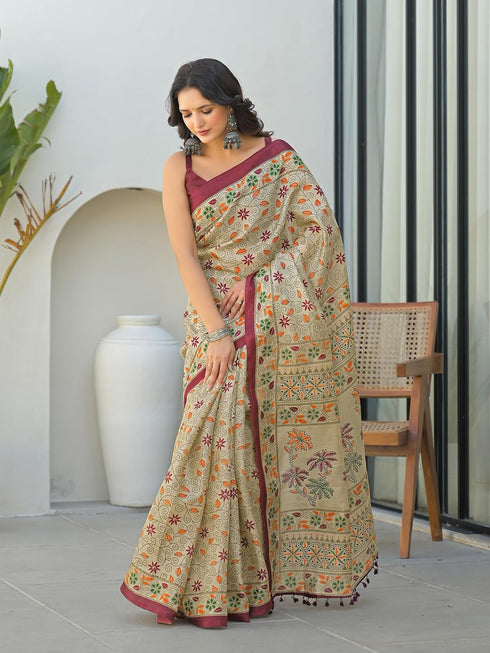 Vasthrlay Printed Tassels Khaki Saree With Unstitched Blouse Piece
