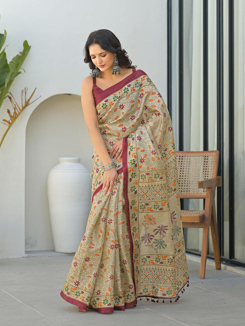 Vasthrlay Printed Tassels Unstitched Khaki Saree