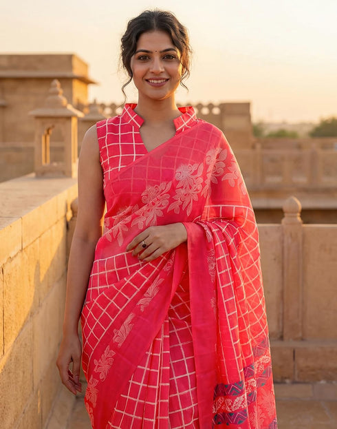 Vasthrlay Womens Printed Coral Pink Saree With Unstitched Blouse Piece