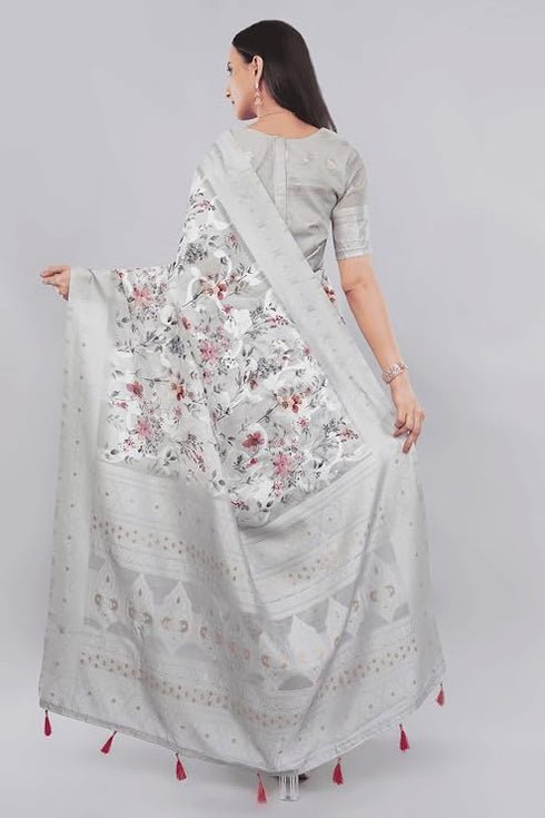 Vasthrlay Off White1 Floral Semi Sheer Chanderi Saree With Champagne Gold Zari Pallu And Unstitched Blouse Piece