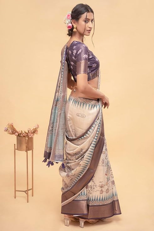 Vasthrlay Off White1 Abstract Print Polyester Saree With Antique Zari Border And Unstitched Blouse Piece