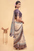 Vasthrlay Off White1 Abstract Print Polyester Saree With Antique Zari Border And Unstitched Blouse Piece