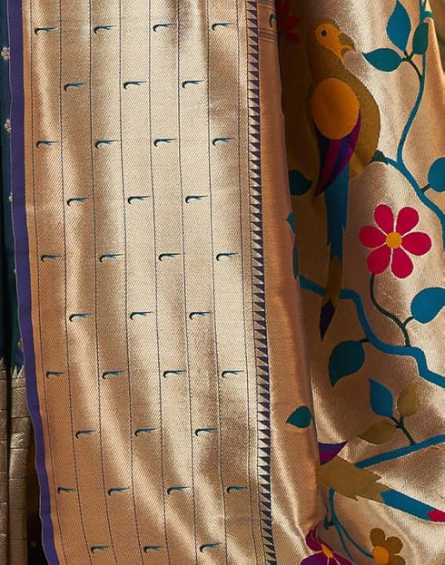 Vasthrlay Paithani Jacquard Unstitched Dark Green Saree