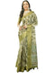 Vasthrlay Olive Green Geometric Triangle Print Polyester Saree With Muted Gold Zari Border And Teal Blue Ruched Unstitched Blouse Piece