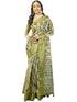 Vasthrlay Olive Green Geometric Triangle Print Polyester Saree With Muted Gold Zari Border And Teal Blue Ruched Unstitched Blouse Piece