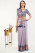Vasthrlay Lilac Royal Blue Geometric Print Polyester Saree With Dull Gold Zari Border And Unstitched Blouse Piece