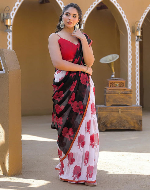Vasthrlay Chiffon Tassels Off-White | Black Saree With Unstitched Blouse Piece