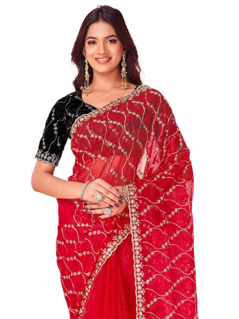 Vasthrlay Sequins Embroidery Red Saree