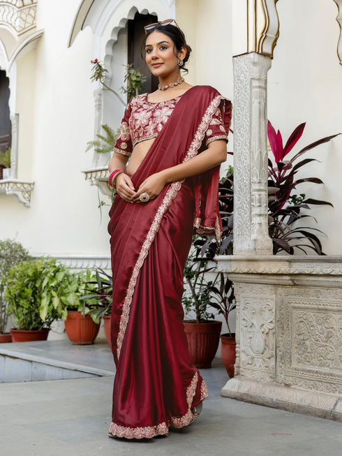 Vasthrlay Sequins Embroidery Unstitched Maroon Saree