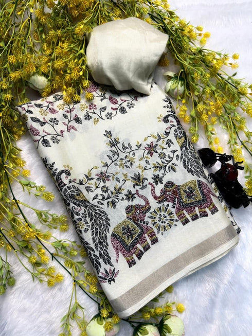 Vasthrlay Off White Printed Elephant Lightweight
