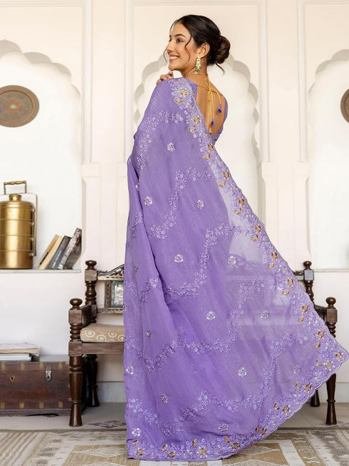 Vasthrlay Shimmer Embroidery Olive Saree
