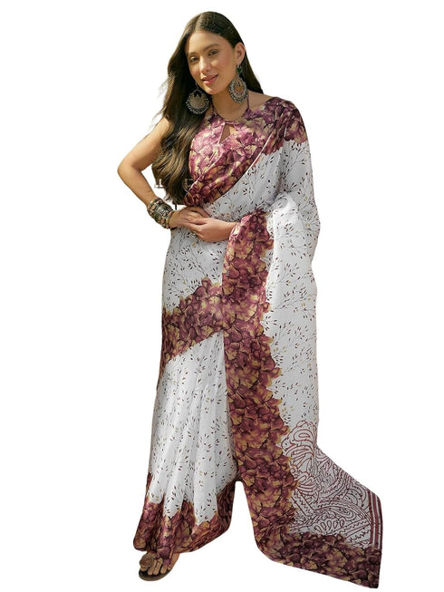 Vasthrlay Womens Printed Off-White Saree With Unstitched Blouse Piece