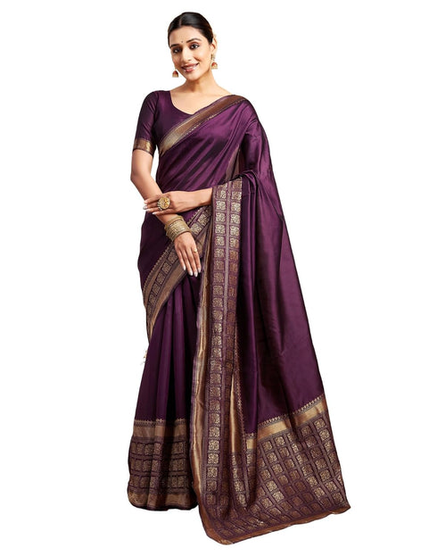 Vasthrlay Womens Banarasi Jacquard Wine Saree With Unstitched Blouse Piece