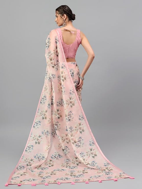 Vasthrlay Peach Pink Floral Printed Organza Saree With Unstitched Blouse