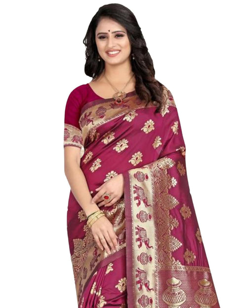 Vasthrlay Banarasi Jacquard Dark Pink Saree With Unstitched Blouse Piece