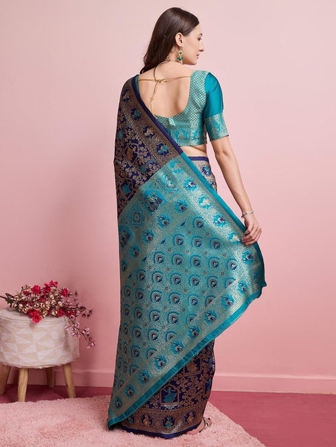 Vasthrlay Blue Banarasi Traditional Unstitched Saree