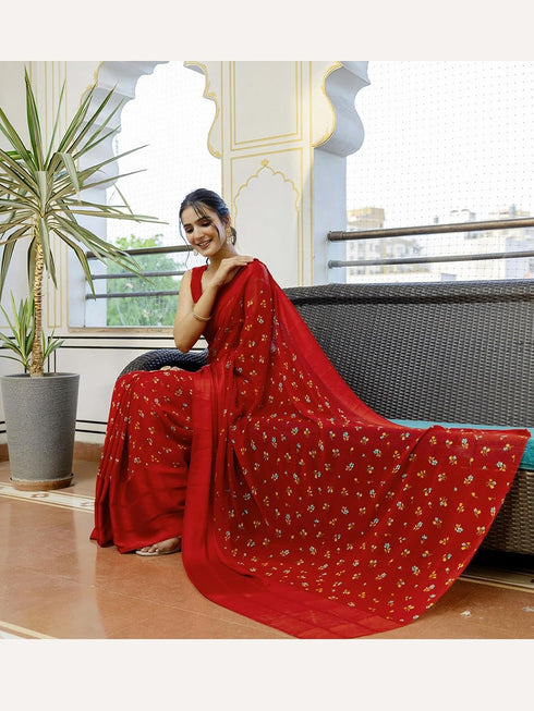 Vasthrlay Georgette Printed Unstitched Dark Green Saree