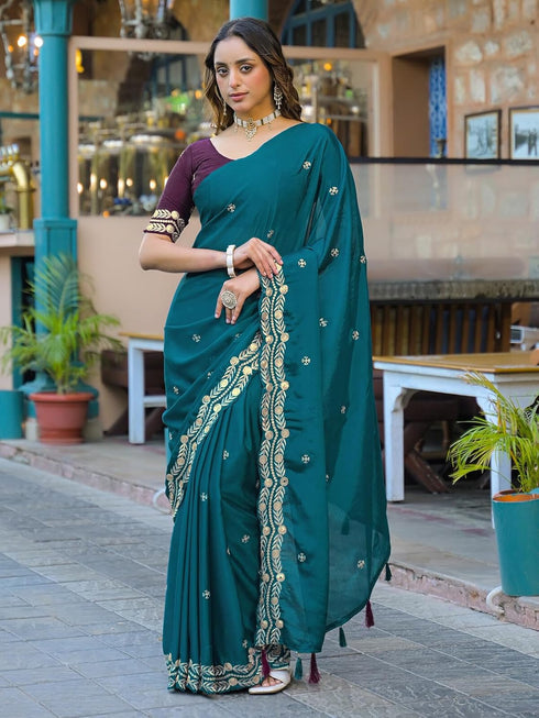 Vasthrlay Chinnon Embroidery Lime Saree