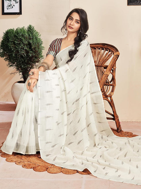 Vasthrlay Womens Printed Unstitched White Saree