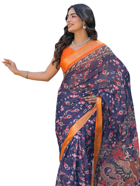 Vasthrlay Womens Printed Unstitched Dark Green Saree