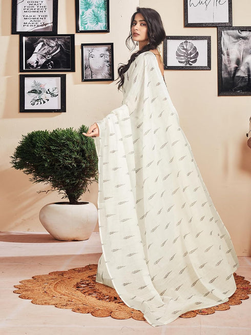 Vasthrlay Womens Printed Unstitched White Saree