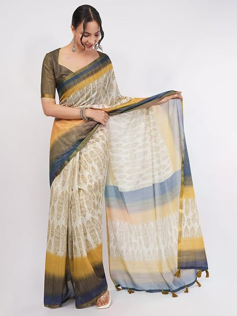 Vasthrlay Beige Womens Violet Lavender Daisy Floral Prints Linen Saree With Zari Border And Unstitched Blouse Piece
