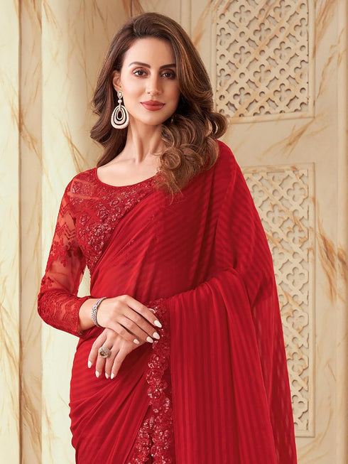 Vasthrlay Womens Georgette Red Saree With Red Unstitched Blouse Piece