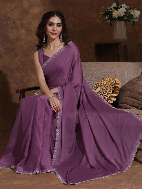 Vasthrlay Chiffon Scalloped Brown Saree