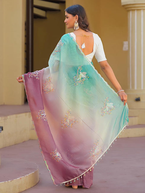 Vasthrlay Embroidery Scalloped Unstitched Turquoise Saree