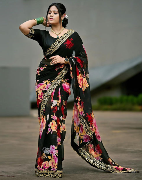 Vasthrlay Georgette Printed Unstitched Red Saree